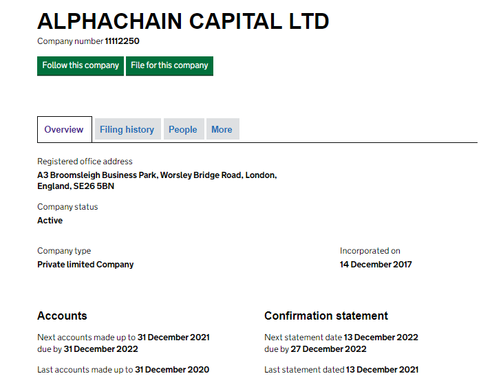 Alphachain Capital Registration Certificate
